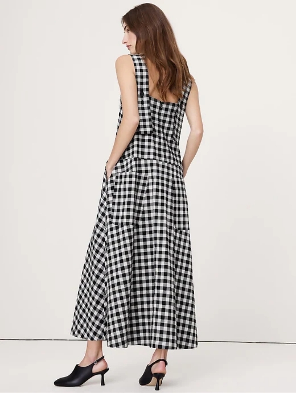 Banana Republic Square-Neck Apron Maxi Dress Size Large In Black Gingham Cotton - Picture 2 of 5